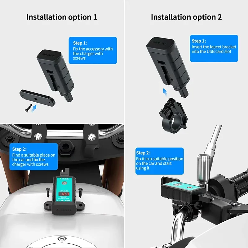 12V USB Motorcycle Charger Waterproof Switch With Voltmeter Fast Charging Adapter SAE To USB Type-C Socket Motorbike Accessories