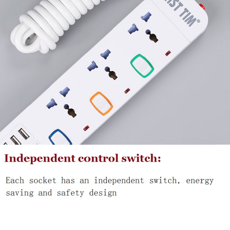 Multiple Power Strip 5 Way AC Universal Outlets Electrical Plug Socket with USB Individual Switched 1.5 M Extension Cord