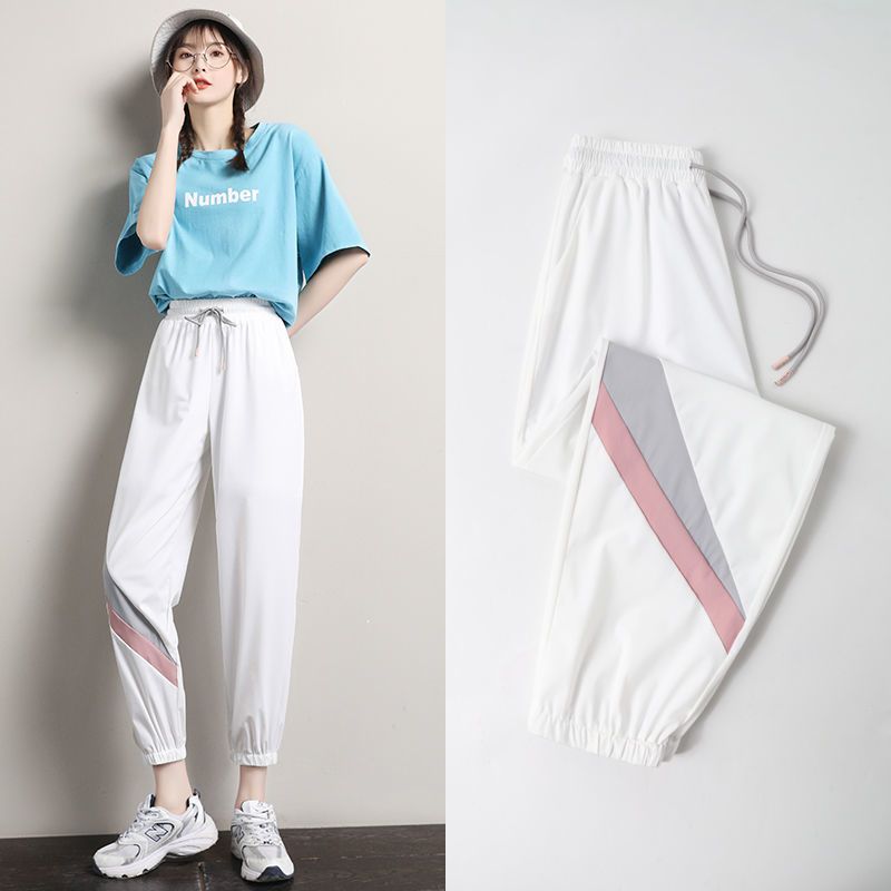 Calças esportivas femininas de seda gelo branco loose-fitting verão fino 2022 novo emagrecimento all-match calças casuais jogger ginásio roupas esportivas