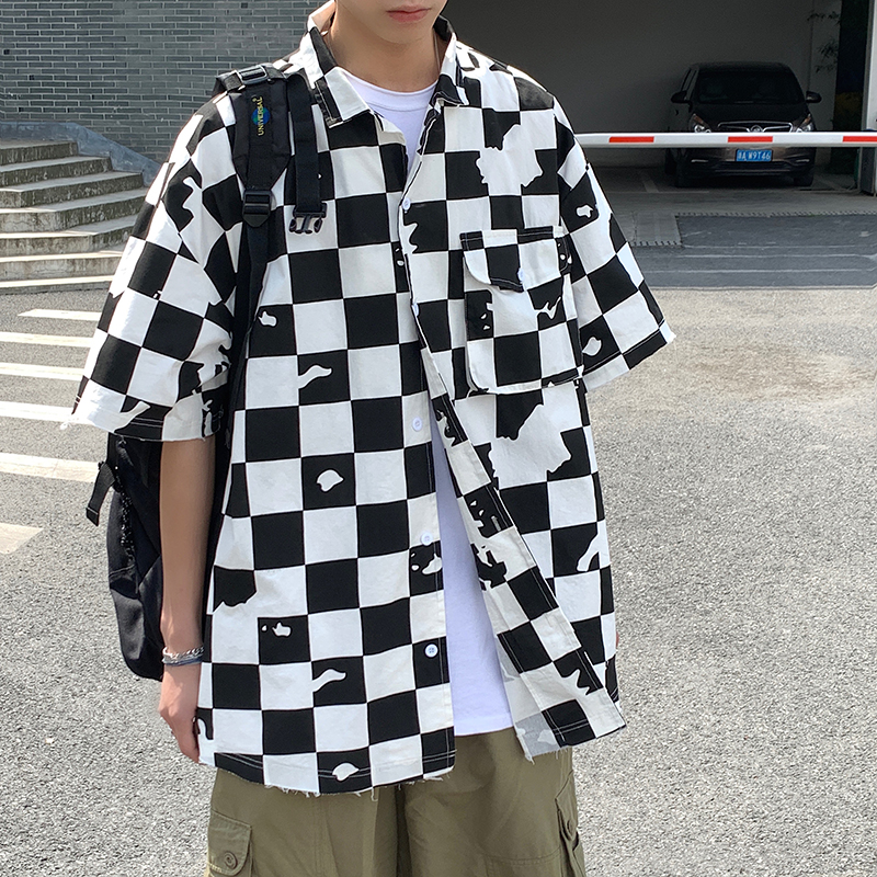 Los hombres coreano a cuadros camisas de manga corta de Verano de las mujeres Harujuku blusas ropa informal japonesa Hip Hop abotonada camisas: Black / M