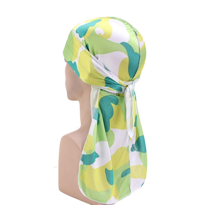 Camo Heren Zijdeachtige Durags Tulband Print Mannen Zijde Durag Hoofddeksels Bandans Hoofdband Haar Accessoires Piraat Hoed Golven Rags