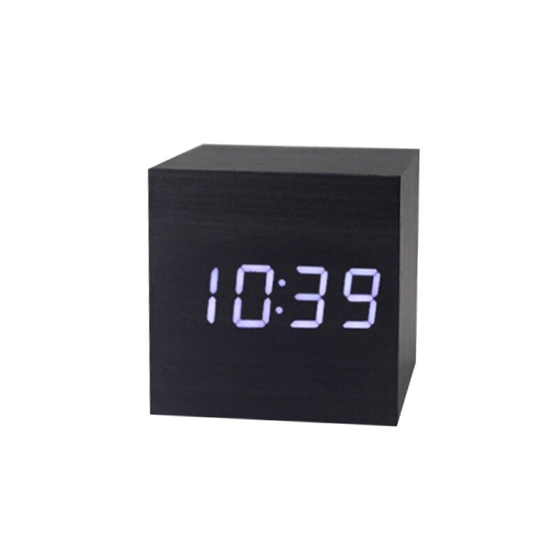 Alarm Clock LED Wooden Watch Table Voice Control USB/AAA Powered Digital Desktop Clocks Home Decor: Black A