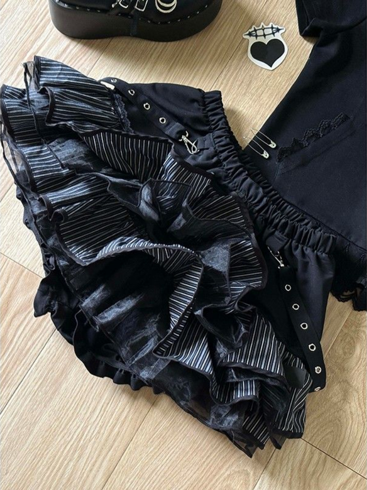 Y2k estetiska randiga kjolar kvinnor streetwear spets lapptäcke vintage kawaii minikjolar harajuku hög midja flickor tårtkjol