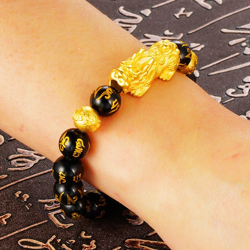 Top natural Obsidian Stone Beads Bracelets Wristband Wealth real 24K gold pendant Women Men Religious Strand Bracelets