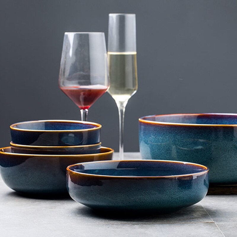 Retro ceramic tableware household dishes, dishes, steak dishes, rice bowls, soup bowls, noodle bowls, Nordic solid color Western