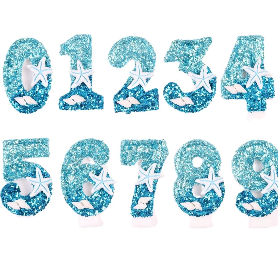 Bougies d'anniversaire bleues à paillettes de 0 à 9, flocon de neige bleu, décoration de gâteau pour fête d'anniversaire pour enfants filles, fournitures de décoration