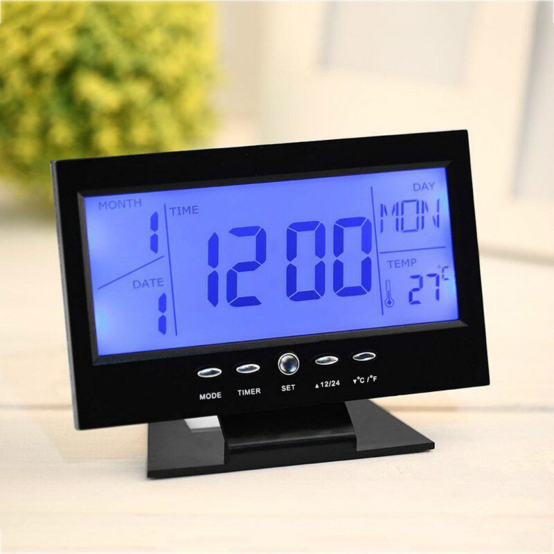LCD Screen Digital Clocks Thermometer Indoor Humidity Monitor Electronic Display Temperature Voice Control Alarm Clock Calendar