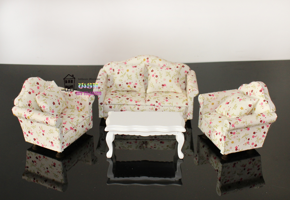 Poppenhuis Miniatuur 1:12 Woonkamer Poppen Meubels Sofa Set 4 Couch met Weinig Bloemen