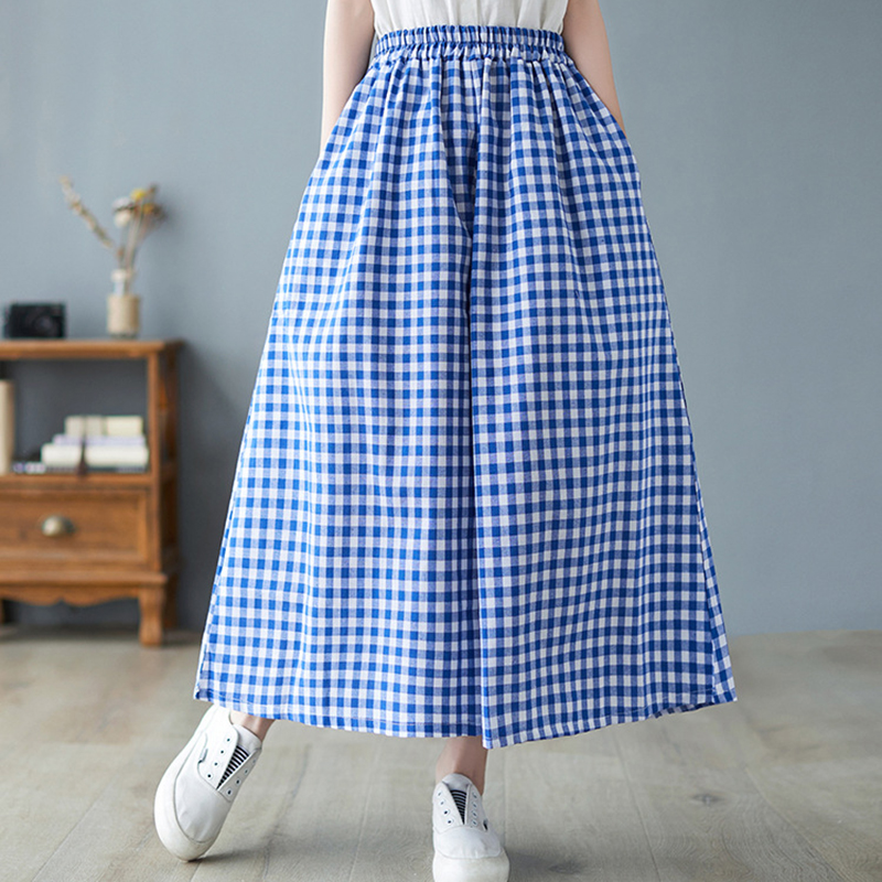 Woman Dress Plaid Pants Thin Cotton Linen Wide Leg Trousers Women Summer High Waist Baggy Jogger Pants Sweatpants
