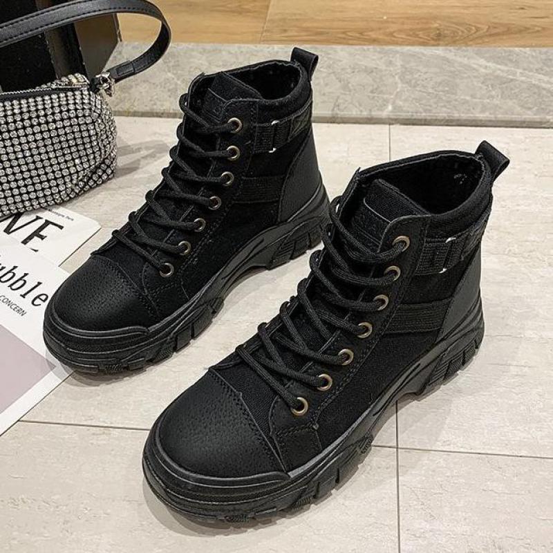 Platåkängor dam ankelboots kvinna snörning damskor feminina botas mujer boots för kvinnor korsbunden canvas