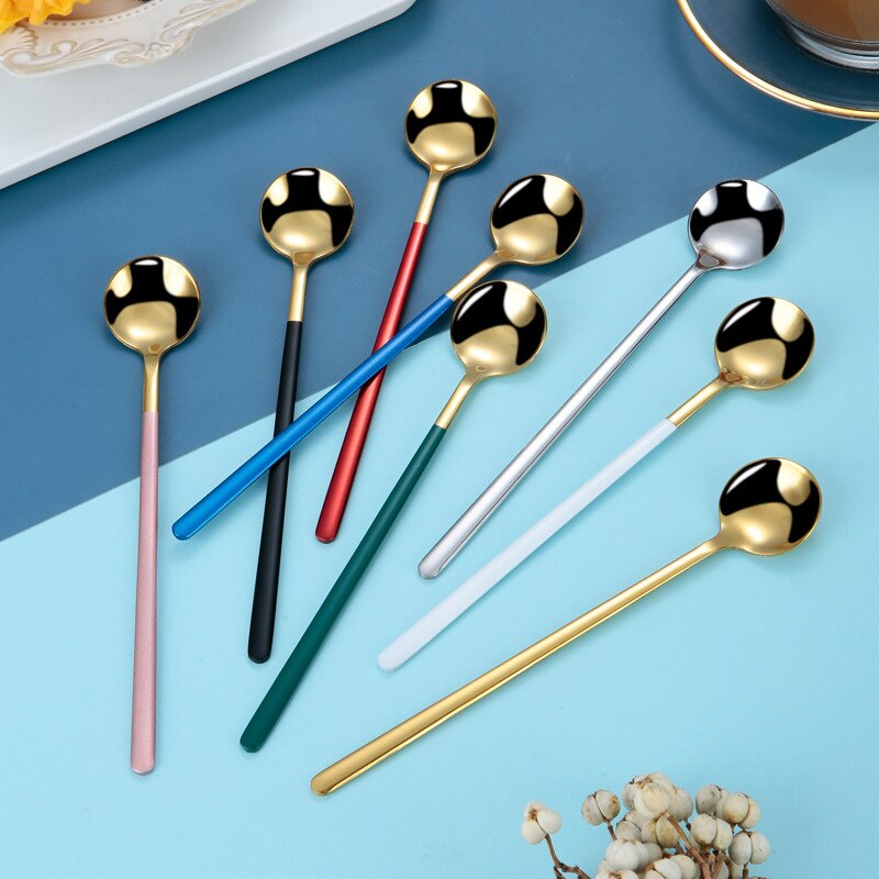 1Pc Stainless Steel Spoon Dinnerware Long Handle Spoon Tea spoon Dessert Coffee Ice Cream Spoons Kitchen Accessories Bar Tools