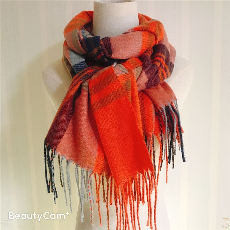 Direct Yellow Plaid Winter Scarf Shawl Women Wool Blends Poncho Wrap Female Tippet Stole Ladies Colorful Scarves Pashmina: Tangerine