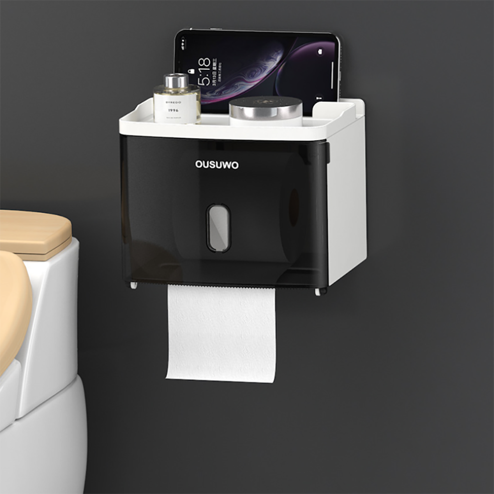 Bathroom roll holder wall-mounted toilet paper holder plastic dispenser multifunctional tissue box: Fashion black