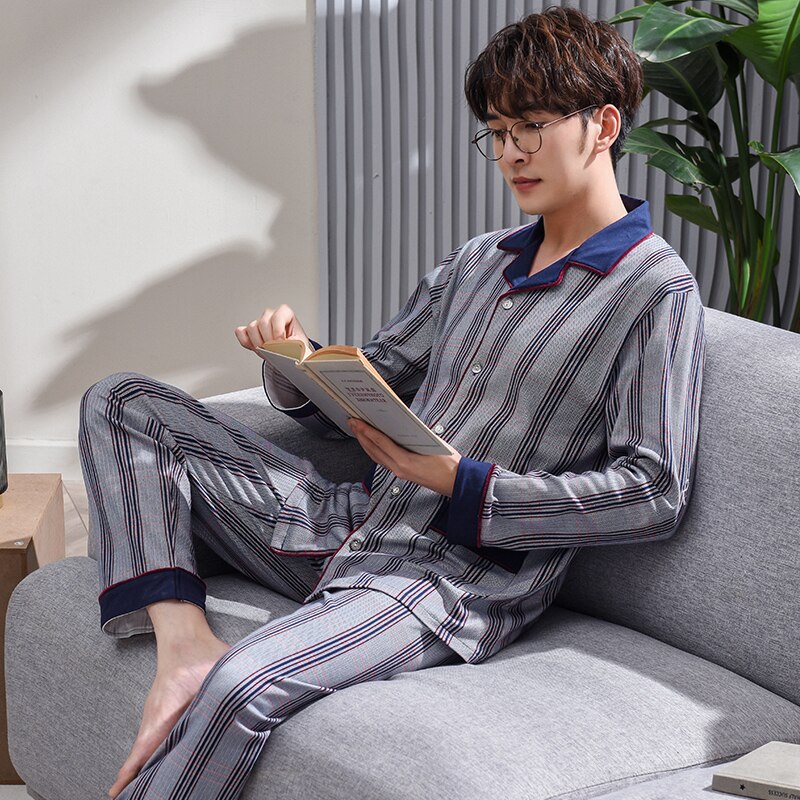 Stripe pajamas men long sleeve pajama set for male big yards sleep clothing casual nightie sleepwear men pyjamas suit autumn