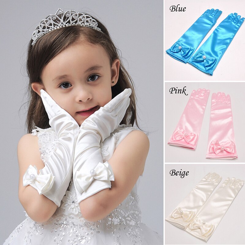 Long Stretch Satin Gloves For Flower Girl Children Party Cute Girls Kids Finger White Pearl Bow Performance Gloves Accessories