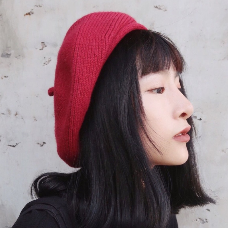 [eam] forår sommer ensfarvet rund kuppel temperament tyk varm strikhue kvinder tidevand all-match  oa713