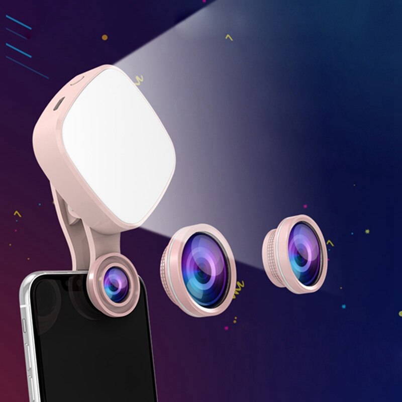 Selfie Ring Licht 3 In 1 Fish Eye Groothoek Macro Lens Flash Led Camera Telefoon Lens Fotografie Voor Iphone samsung Roze