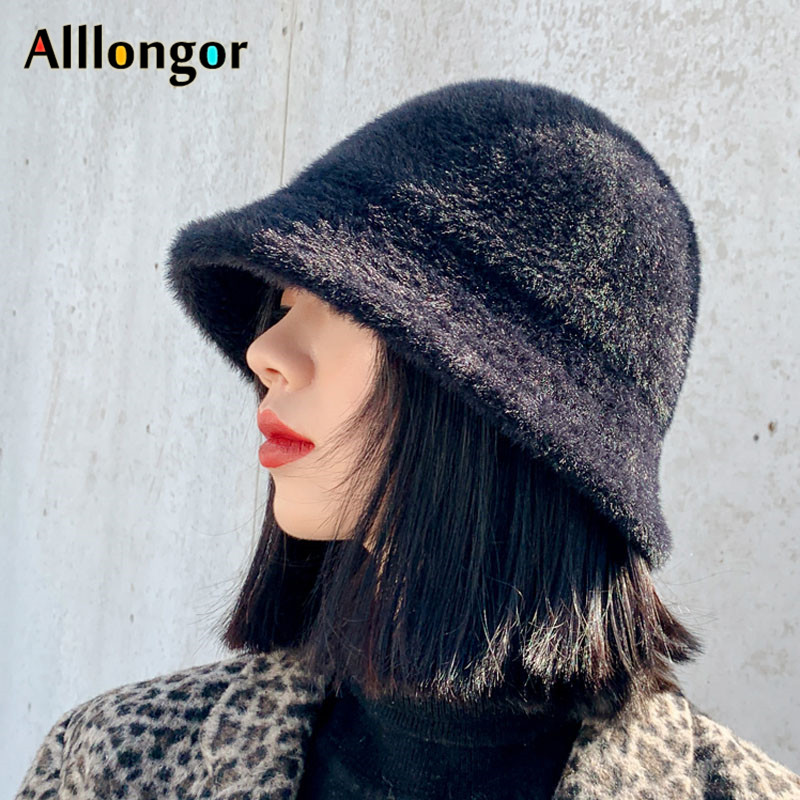 Winter Hat Women Bucket Hat Femme Autumn Warm Solid Casual Plush Faux Fur fishing cap Solid Wool fisherman&#39;s hats mujer