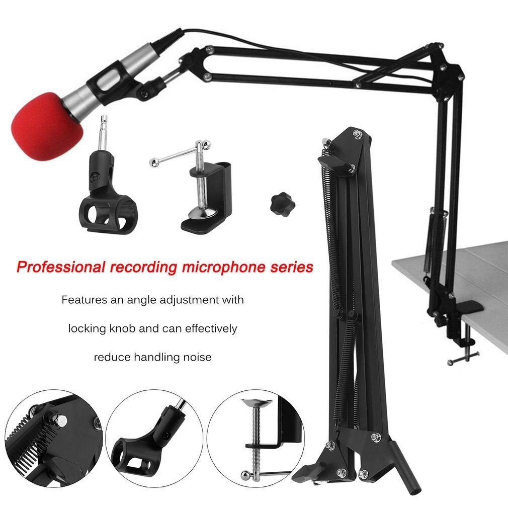 Extendable Recording Microphone Suspension Boom Arm Stand Holder with Clip Table Mounting Clamp for Studio Broadcast Black