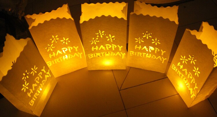 GELUKKIGE VERJAARDAG Kaars Tas Thee Licht Papier Zakken Luminaries Lantaarn Voor Verjaardagsfeestje