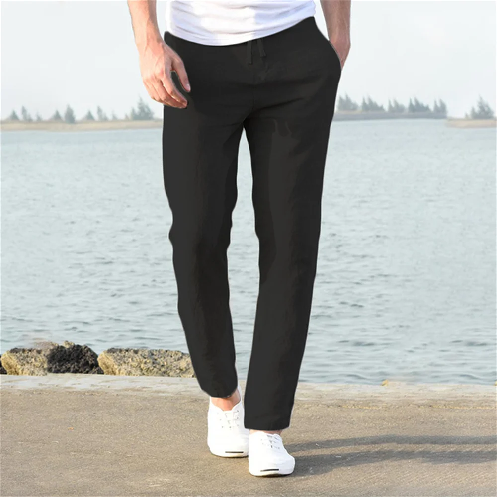 Men's Cotton Linen Pants Male Autumn Breathable Solid Color Linen Trousers Fitness Streetwear S-3XL: XXXL / black