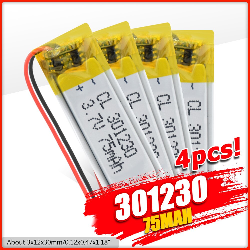 Bateria esperta do polímero do lítio da pulseira de mp3 para a gravação bluetooth da pena bateria de lítio da pilha 3.7v lipo 301230 75mah para o fone de ouvido: 4PCS