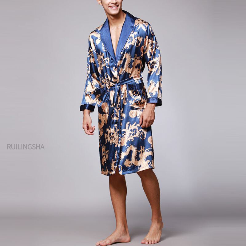 Stilfuld #39 badekåbe silke kimono lange ærmer morgenkåbe kinesisk lucky dragon print pyjamas mænd kjole badekåbe mænd hjemmetøj maskulin: Blå / Xxxl