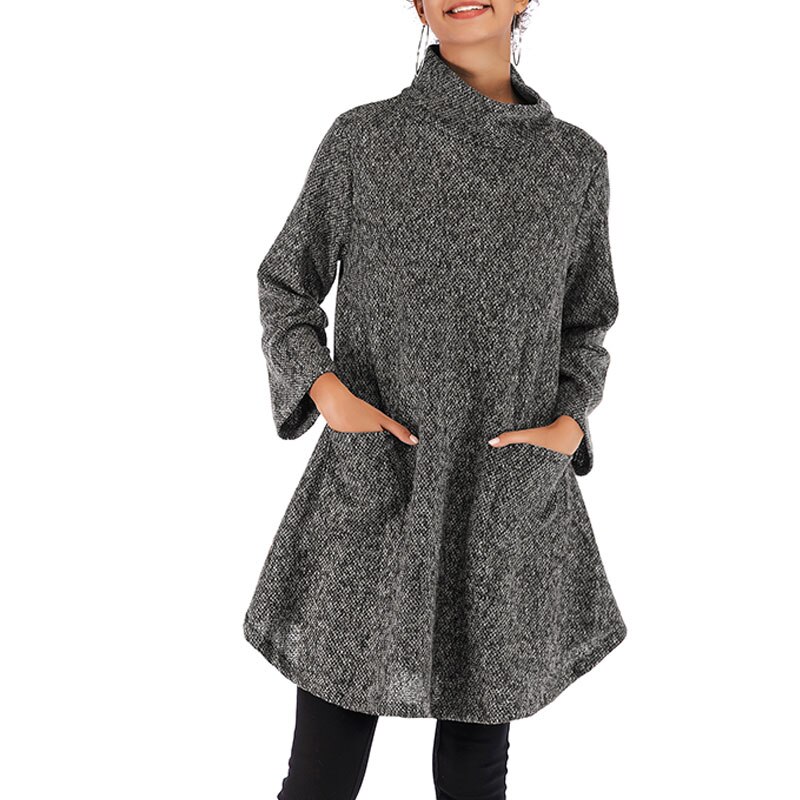 Vinter sweater kjole kvinder efterår rullekrave sweatere damer løse strikkede sweatre stribet højhalset sweater kvindekjole: Grå / M