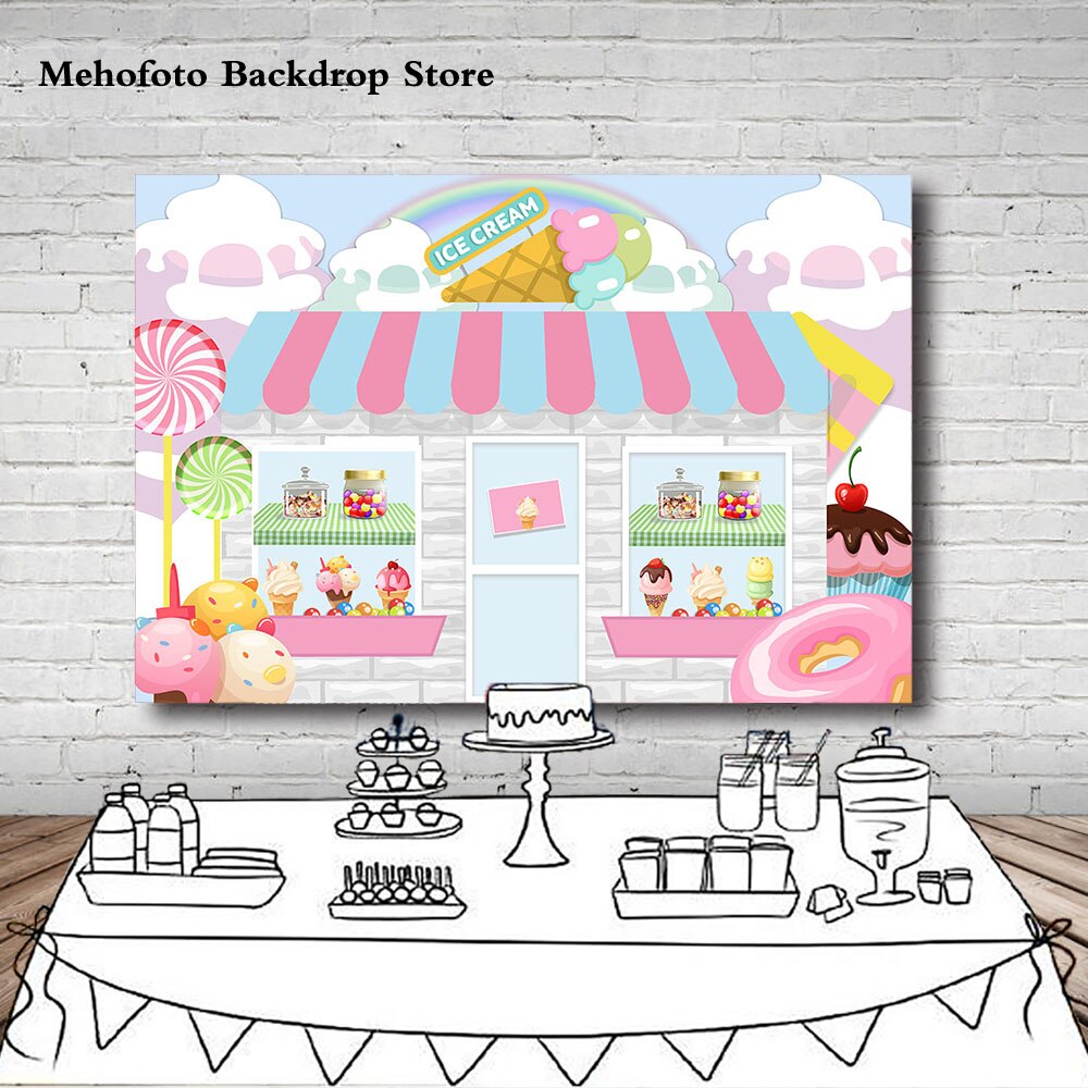 Candy Bar Ice Cream Parlor Celebration Background Baby Birthday Photography Background Photobooth Banner Cake Table Decorations