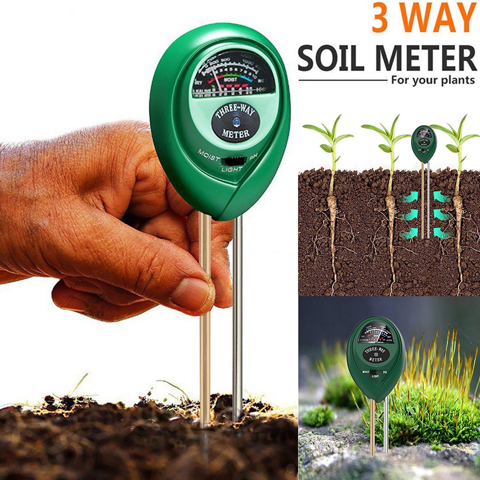 Medidor de Ph del suelo 3 en 1, medidor de la intensidad de la humedad del agua, medición de la temperatura, acidez alcalina, herramienta de prueba, planta de flores de jardín
