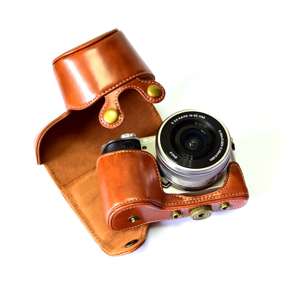SLR Digital PU Funda de cuero para cámara Sony A6300 A5000 A6000 A5100 ILCE-5000 ILCE-6000 ILCE-5100 + correa de cuero: Brown A5000