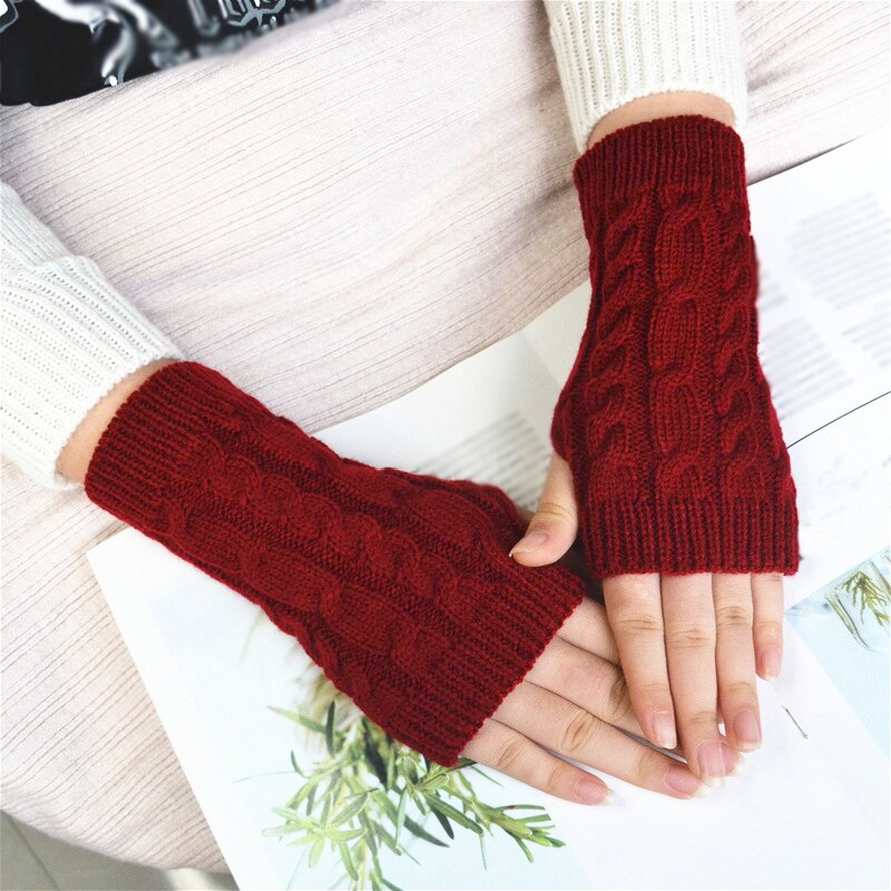 Moda torção crochê malha braço sem dedos aquecedores arco-íris cor luvas de inverno para as mulheres longo traje presentes de natal meninas: dark red