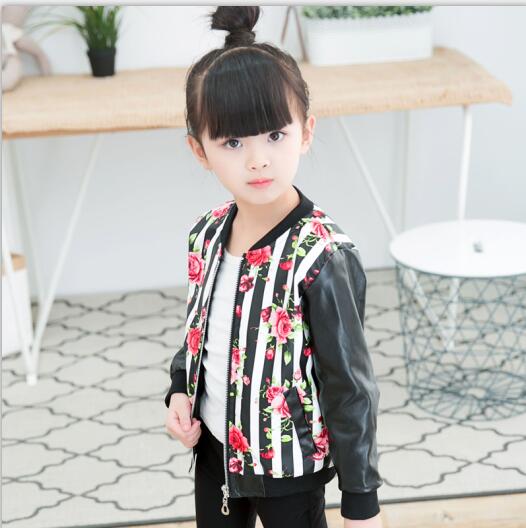 Meisjes Lente Herfst Jas Mode Pu Jassen O-hals Lange Mouw Afdrukken Bloem Camouflage Meisjes Uitloper Meisjes Kleding 3-9: stripe / 7T