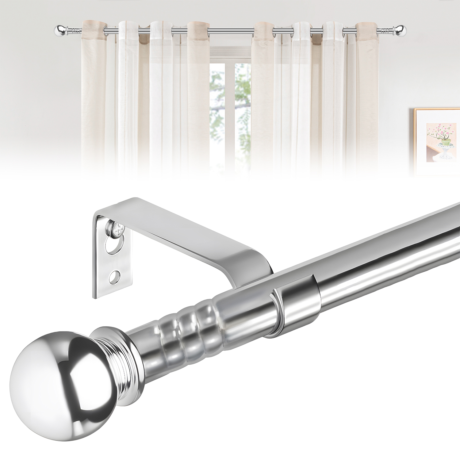 Modern Elegance Matte Silvery Metal Curtain Rods with Brackets,Five dimensions(28-144 inch),Durable curtain rod
