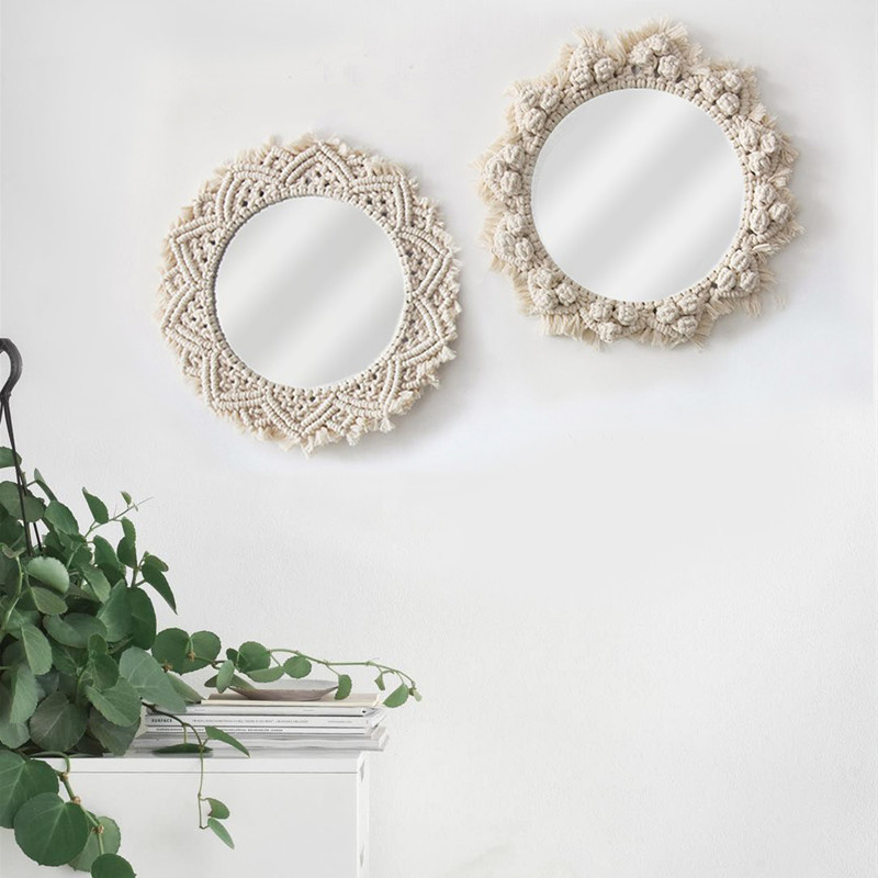 Macramé, espejos colgantes de pared Ins, espejos nórdicos hechos a mano, tapiz de pared, porche de casa, espejos para el hogar, maquillaje, cuarto de baño