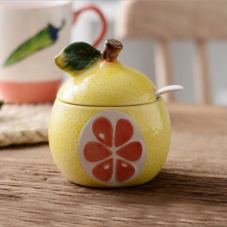 Botella de cerámica creativa para condimentos, tanque de almacenamiento con forma de fruta y melón, suministros de Decoración de cocina y , tazón de azúcar 08143: 6