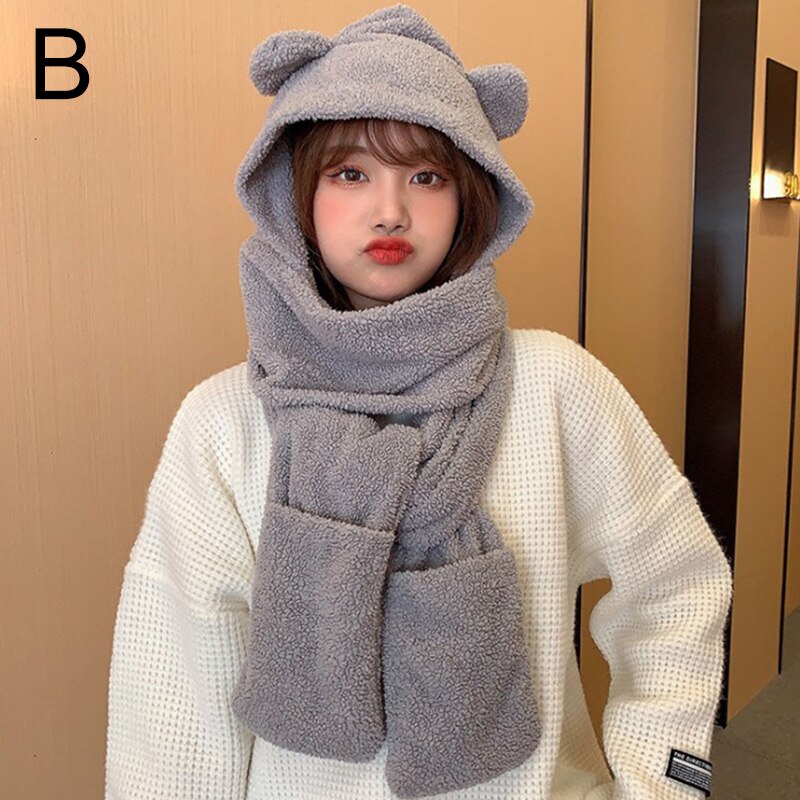 Korean Women Fluffy Plush Warm 3 In 1 Hooded Scarf Hat Gloves Set Cute Cartoon Cat Ears One-Piece Winter Windproof Earflap Cap: gray
