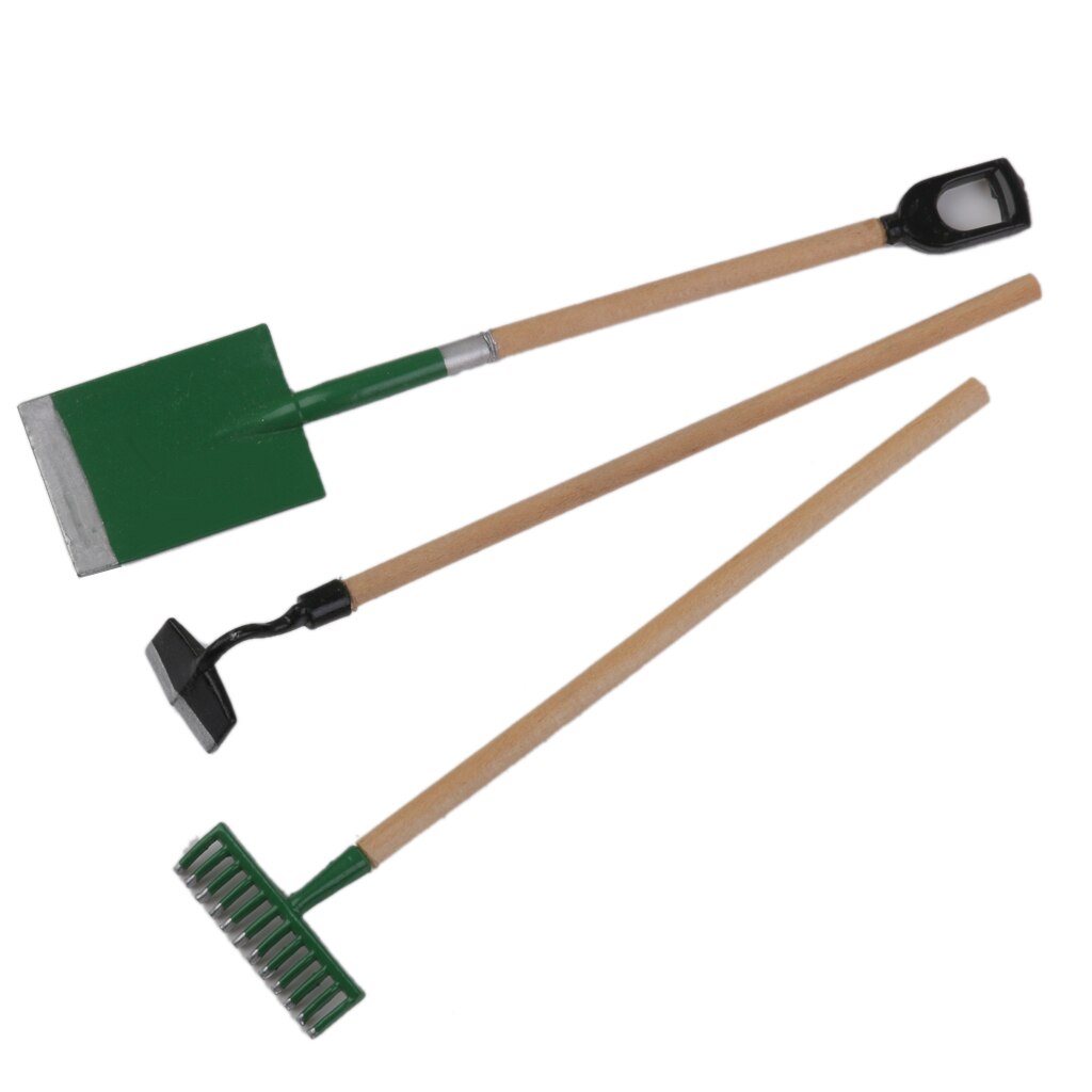 3 Pieces Garden Tools +Tin Metal Watering Can for 1/2 Doll House Miniatures Accessories