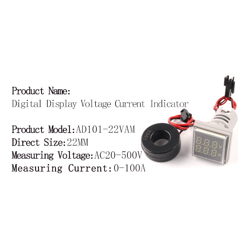 22mm okrągły kwadrat podwójna lampa doprowadziło wskaźnik pilot LightDigital woltomierz amperomierz 0-100A wzmacniacz napięcie wolt miernik testowy AC 20-500V: VAM kwadrat biały