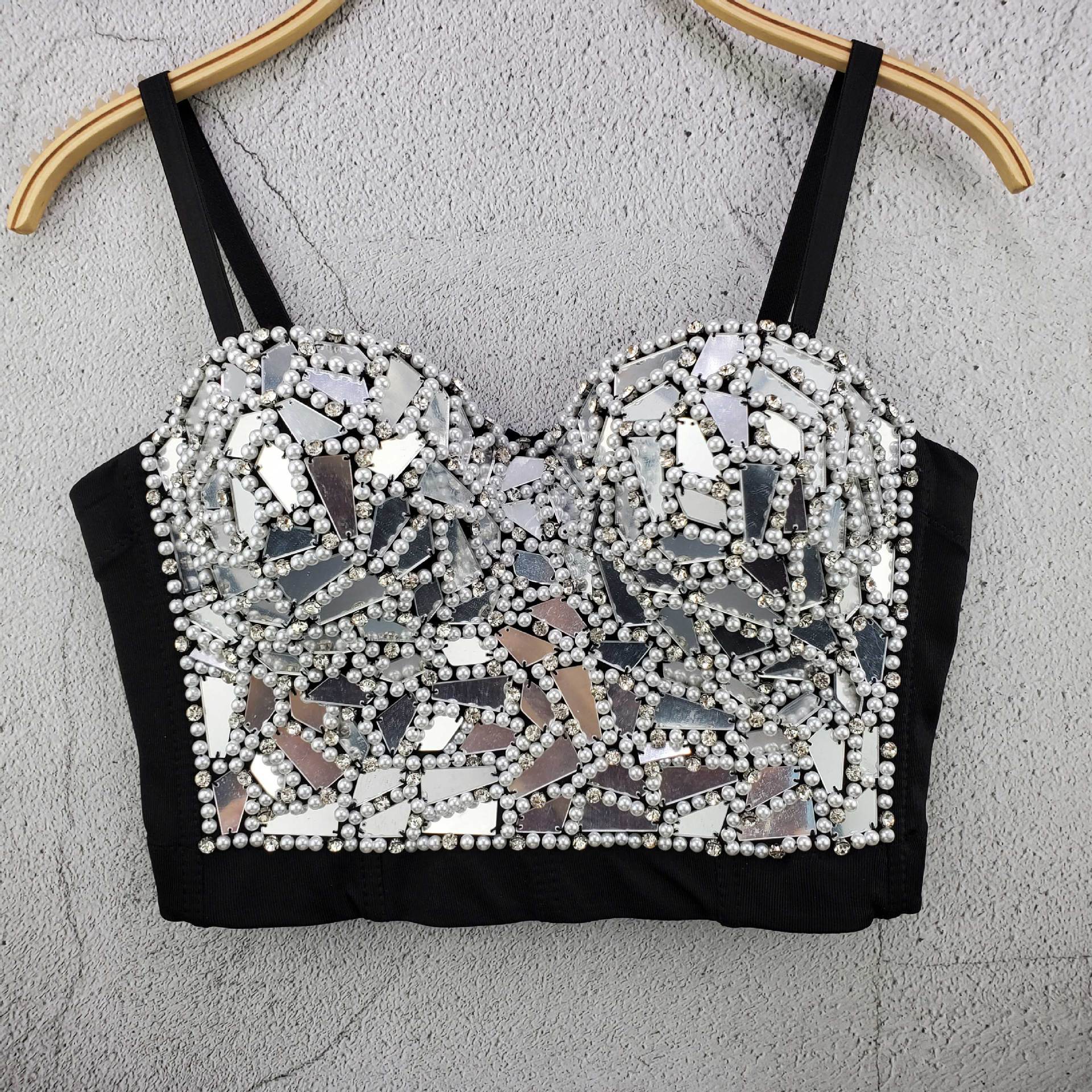 Vuxen jazz dans kostym spegel kläder sexig väst topp amerikanska kläder scen fest rave wear dj gogo prestanda outfit 991: Silverfärg / 36  (80)