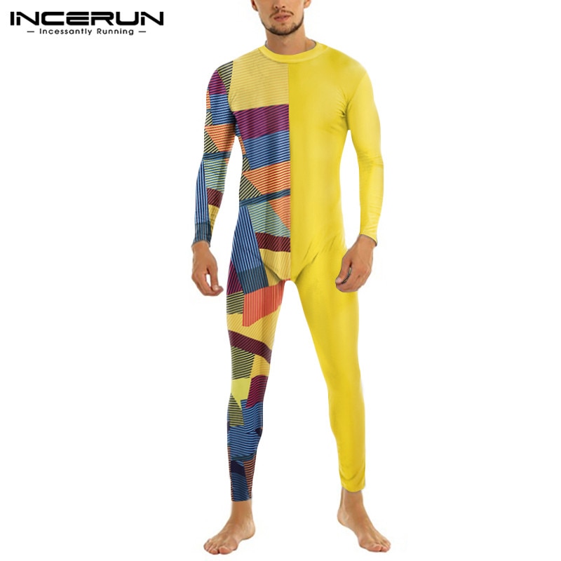 Incerun Mannen Pyjama Jumpsuit Homewear Patchwork O Hals Lange Mouwen Leisure Rompertjes Zipper Skinny Gezellige Overalls Nachtkleding S-5XL