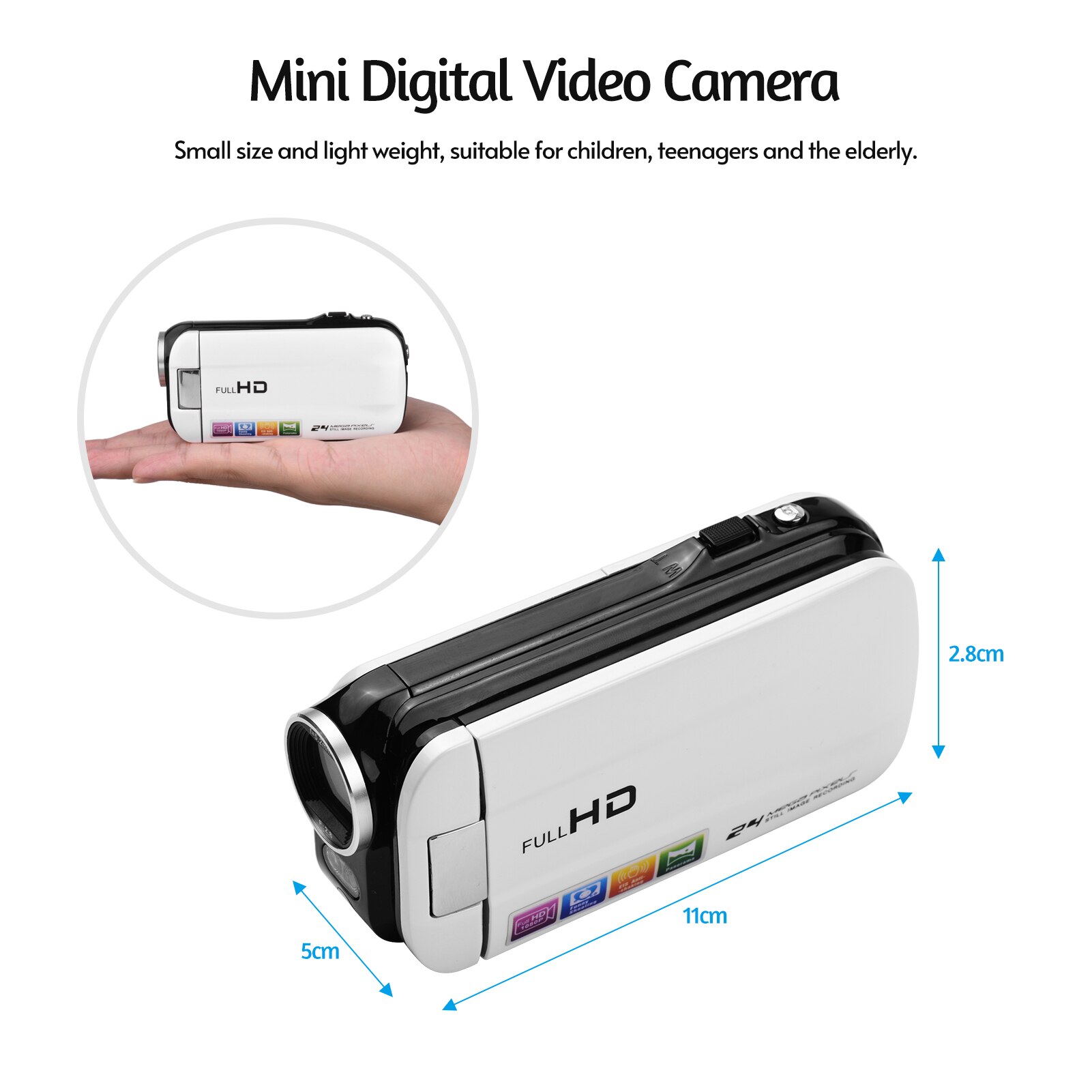 1080P Full HD Mini Digital Video Camera 24MP 3" Touchscreen DV Camcorder 18X Zoom Fill-in Light Battery Remote Control for Kids