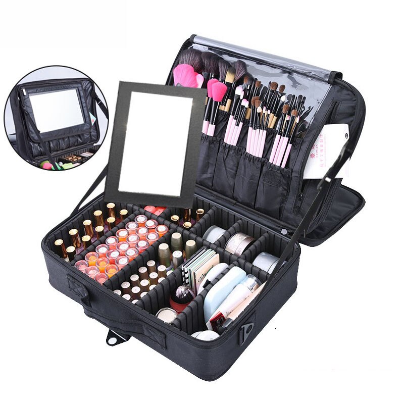 Vrouwen Professionele Nylon Make-Up Case Draagbare Reizen Schoonheidsspecialist Case Cosmetische Organizer Case Box Met Spiegel Schoonheid Koffer