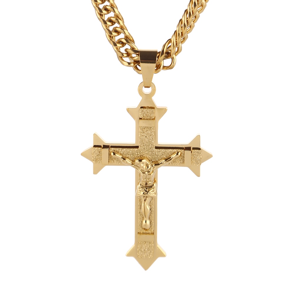 Guld tone kryds christus jesus vedhæng halskæde rustfrit stål link rolo kæde tunge mænd smykker 21.65 " 7mm