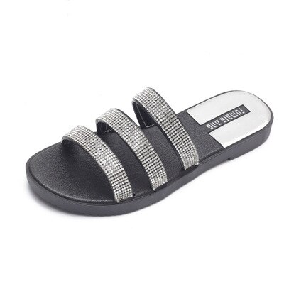 Dames zomer slippers dames pantoffels dames kristal platte zomerschoenen strass bling bling vrijetijds strand slides: Zwart / 9