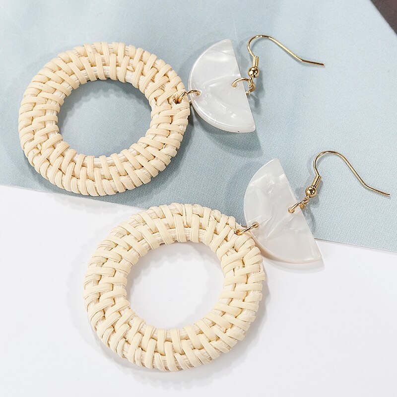 AENSOA-pendientes colgantes de punto de ratán para mujer, aretes redondos de bambú, de joyería Vintage de verano