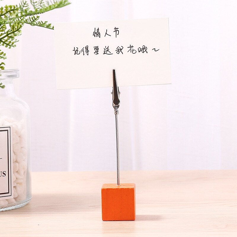 1pc coloré en bois Cube mémo pince métal Photo porte-carte bureau Photo pinces support Message porte-carte bureau décor organisateur: Orange
