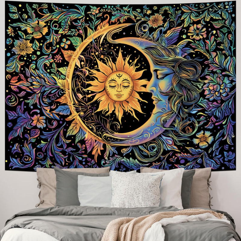 VIKAMA Sun And Moon Tapestry, Psychedelic And Mysterious Flower Tapestry, Hippie Bohemian Flower Plant Wall Tapestry
