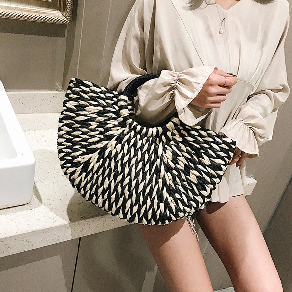 Jahrgang Stroh Tasche Runde Rattan Taschen Handgemachte Sommer Taschen Gewebt Strand Damen Kreis Schulter Tasche Böhmen Mädchen Handtaschen # t2g