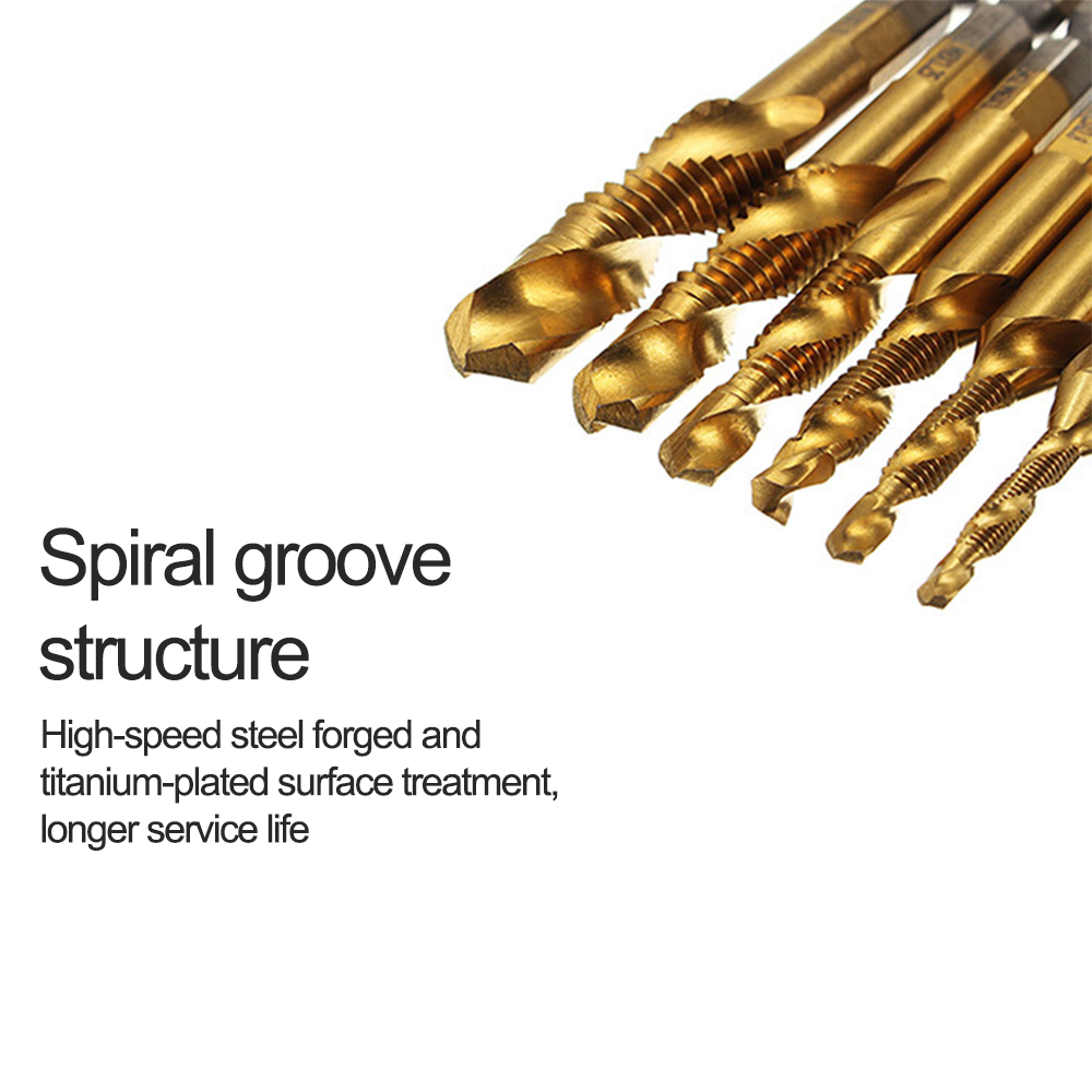 DIZAINLIFE M3 M4 M5 M6 M8 M10 Titanium Tap Drill Bit Set Hex Shank HSS Screw Thread Metric Combination Drill Bits Compound Tools
